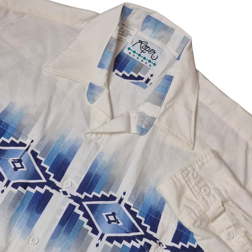 VTG Roper Border Men's L Western Shirt USA Blue White Aztec Geometric Button